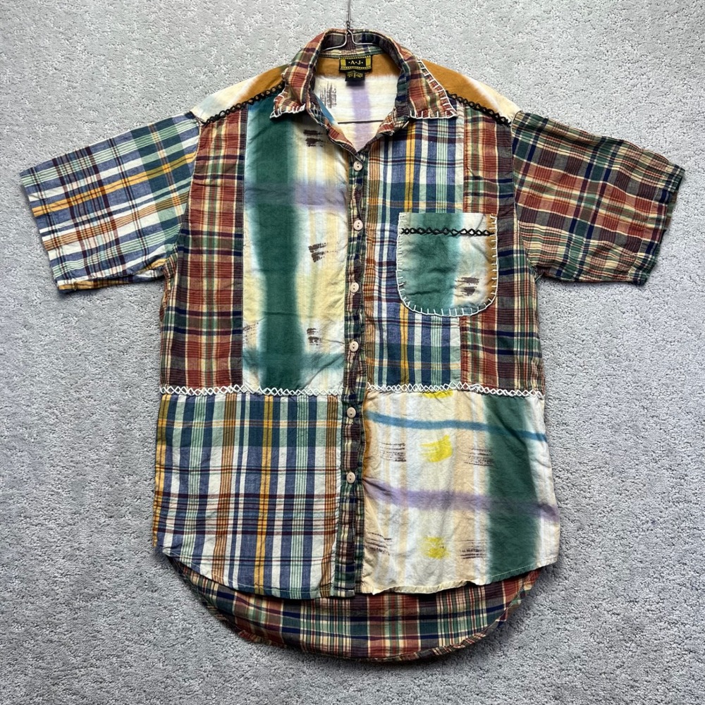 VINTAGE A.J. Button Up Shirt Men S Red Green Patchwork Plaid Short Sleeve Cotton